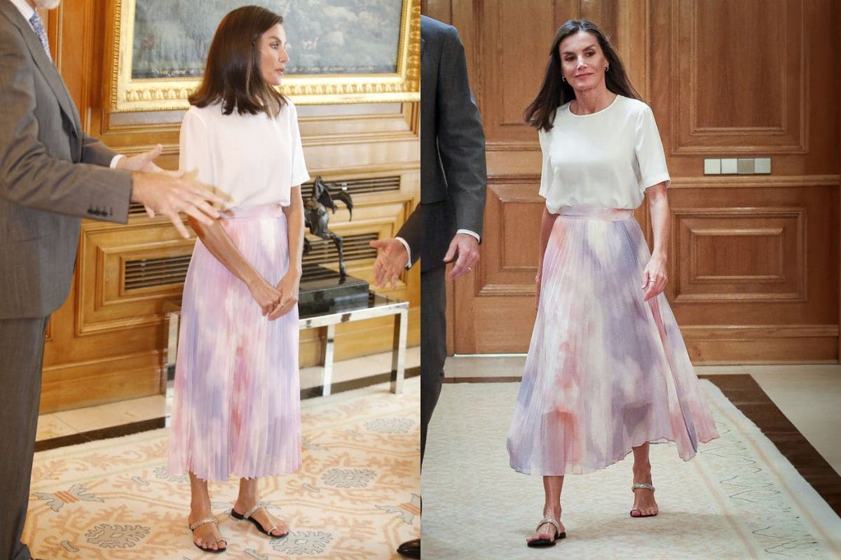 La reina Letizia renovó sus outfits veraniegos con una sensacional falda plisada y unas sandalias planas