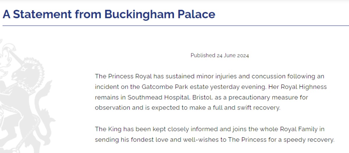 La princesa Ana del Reino Unido es ingresada al hospital por una conmoción cerebral