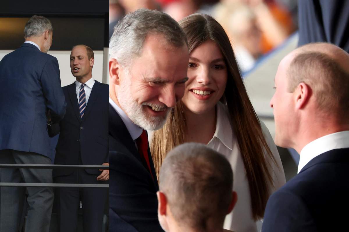 El rey Felipe VI y la infanta Sofía se dan un caluroso saludo con el príncipe William en la final de la Eurocopa