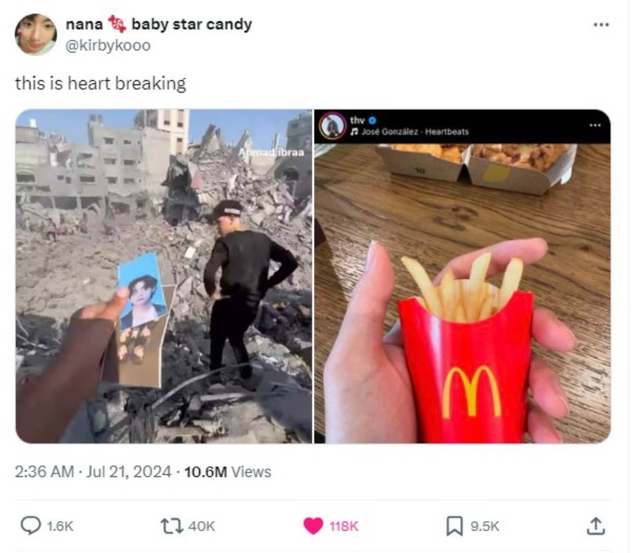 ¿V de BTS está apoyando el conflicto palestino publicando una foto comiendo McDonald's?
