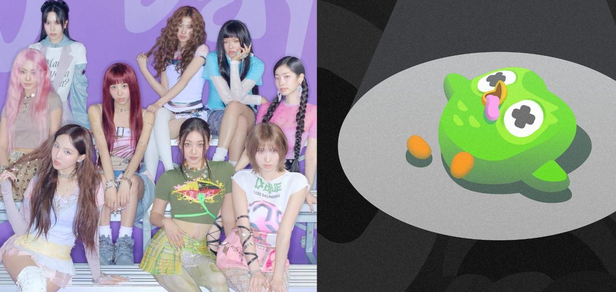 Foto de twice posando para la camara y al lado el ave de duolingo fallecida en el piso