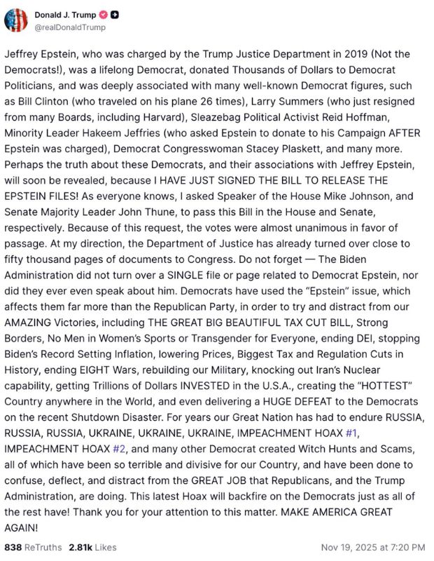 Donald Trump anuncia que ya firmó el proyecto de ley para la publicación de los archivos Epstein