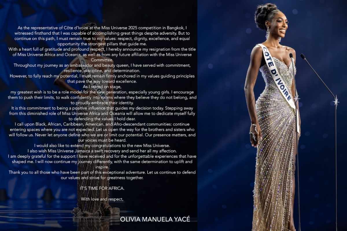 La finalista del Miss Universo 2025, Olivia Yacé, renuncia a su corona continental