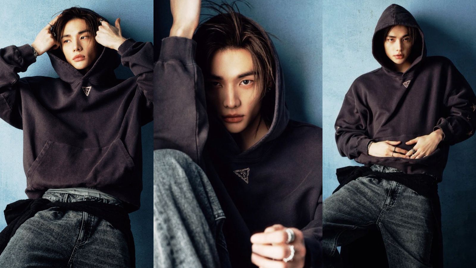 Hyunjin de Stray Kids con un hoodie negro para la nueva campaña de GUESS