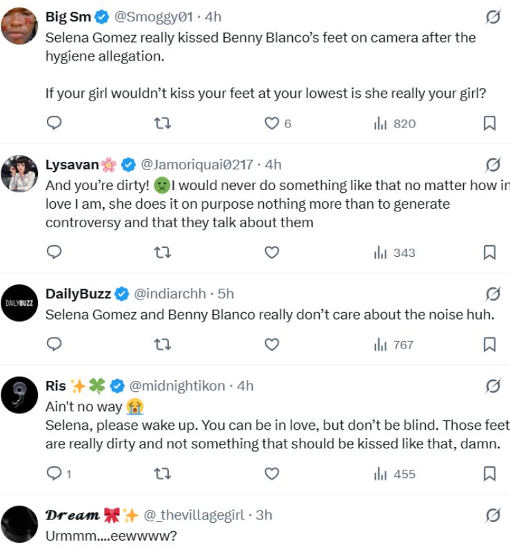 Selena Gomez besa los pies de Benny Blanco y genera una oleada de fuertes críticas