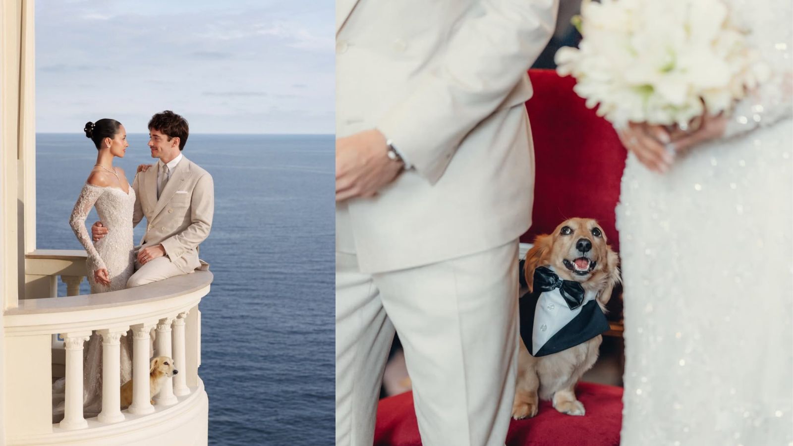 Charles Leclerc y Alexandra Saint Mleux el día de su boda junto a su perrito