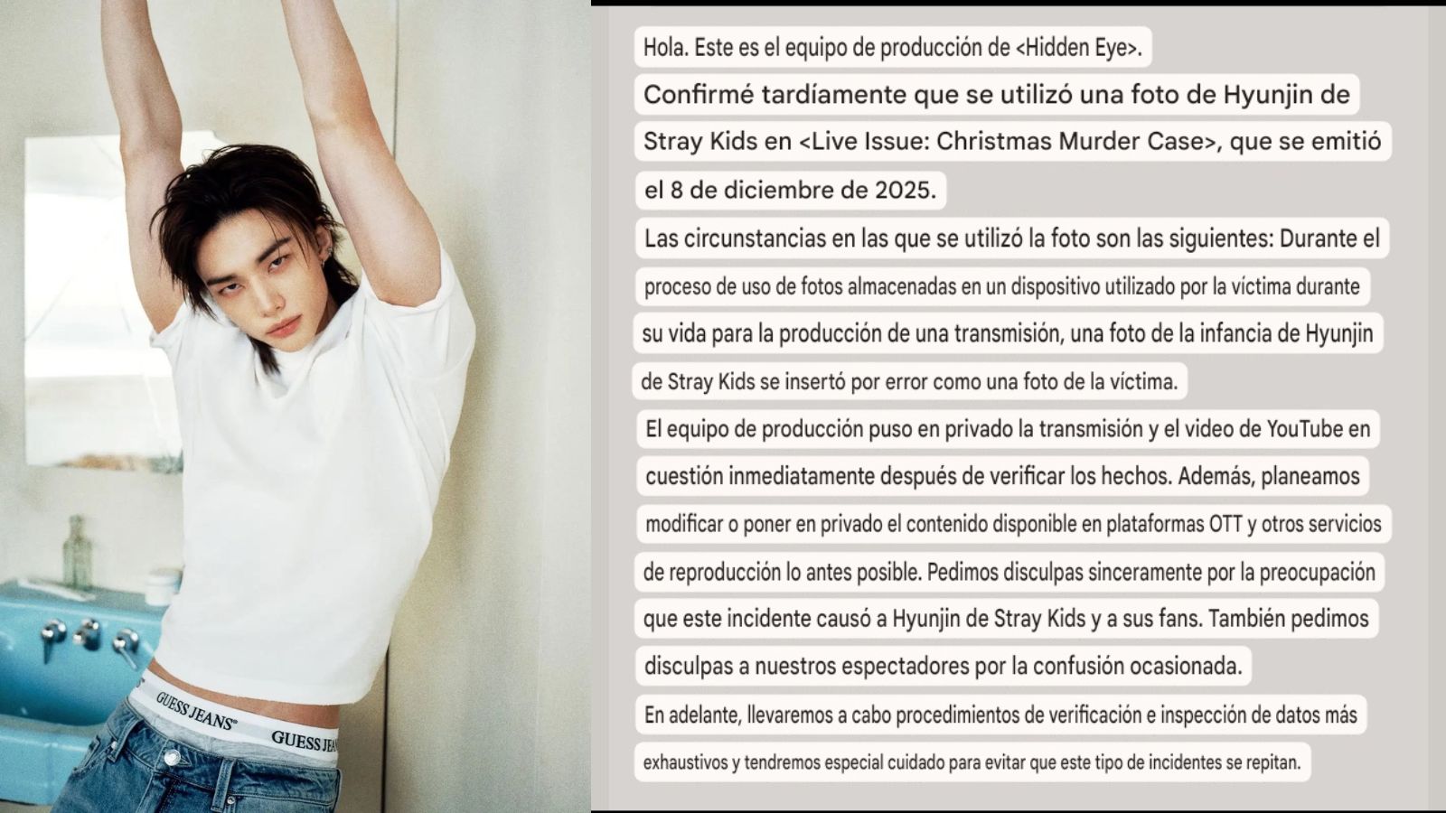 Carta traducida al español de la disculpa del equipo de producción de “Hidden Eye”.