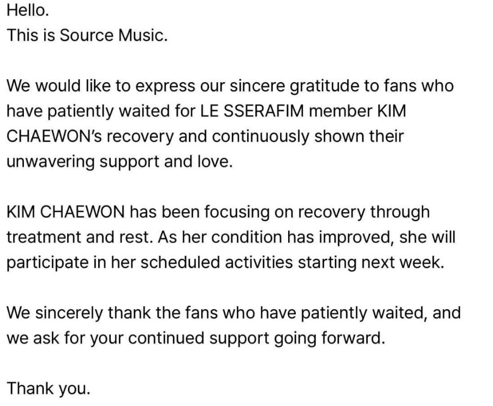 Chaewon finalmente regresará a LE SSERAFIM tras su pausa para enfocarse en su salud Chaewon finalmente regresará a LE SSERAFIM tras su pausa para enfocarse en su salud