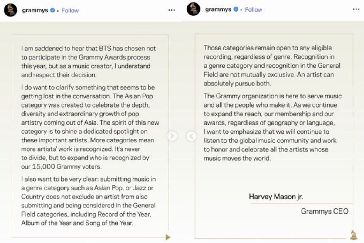 El CEO de los Grammy responde a la decisión de BTS de no presentar candidaturas en 2027 El CEO de los Grammy responde a la decisión de BTS de no presentar candidaturas en 2027